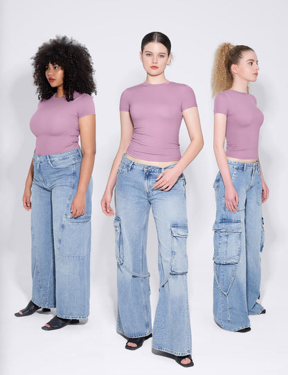PUMIEY Women's Crew Neck Basic Tops Double Lined Slim Fit T Shirts Sexy Basic Tee, Mauve X-Large