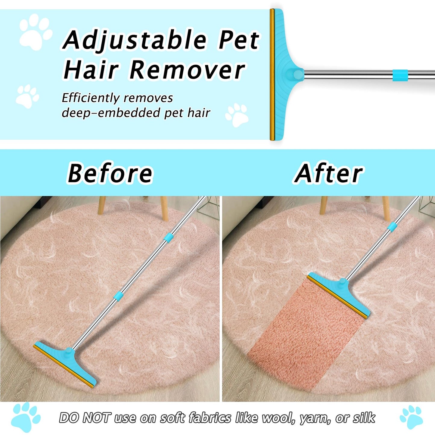 Eaersan Carpet Rake for Pet Hair Removal - Reusable Pet Hair Remover, 60” Adjustable Long Handle Cat Dog Carpet Rake Scraper, Dog Hair Rake Brush for Rugs, Mats, Couch, Furniture