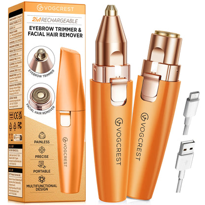 VG VOGCREST Eyebrow & Facial Trimmer: 2 in1 Rechargeable Facial Hair Removal & Eyebrow Shaver - Body Razor with Built-in LED Light (Rose Gold)