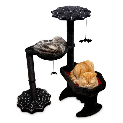 Littlesy Gothic Cat Tree with Coffin Cat Bed, Hammock, Spider & Bat Goth Cat Toys - 35 Inch Tall Coffin Cat Tree for Gothic Lovers with Luxurious Bed Experience Black and Red