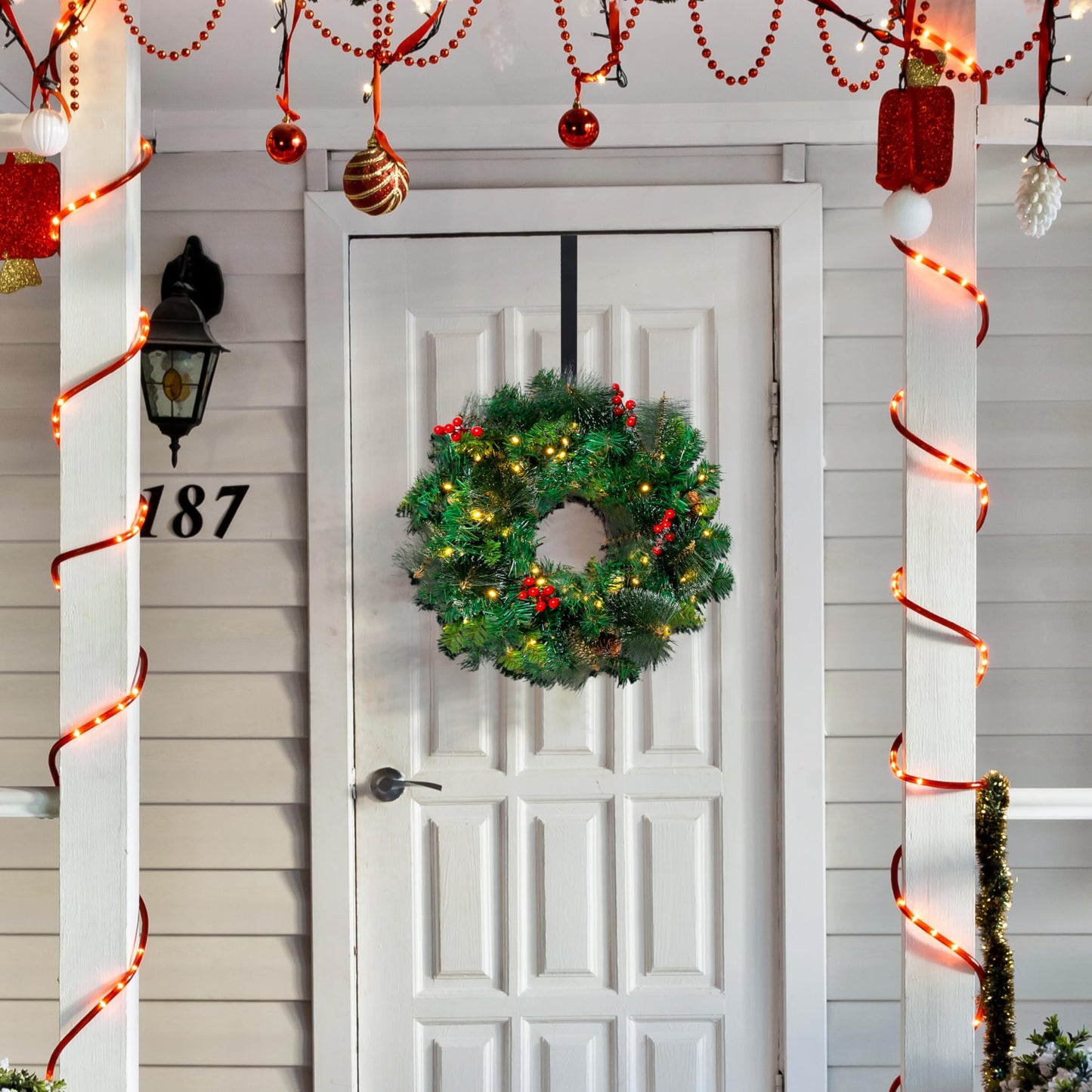 Joiedomi 20” Artificial Christmas Wreath Prelit with 15” Hanger, Decorated with 50 LED Lights, Red Berries, Pine Cones Glitter Pine Needles for Front Door Wall Christmas Decorations (Battery Operated)