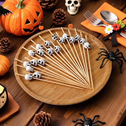 Minisland Halloween White Skull Cocktail Picks, 4.7 Inch Long Bamboo Fancy Toothpicks for Appetizers, Decorative Fall Holiday Party Food Drinks Garnish Fruit Kabob Skewer Sticks 100 Counts - MSL127W
