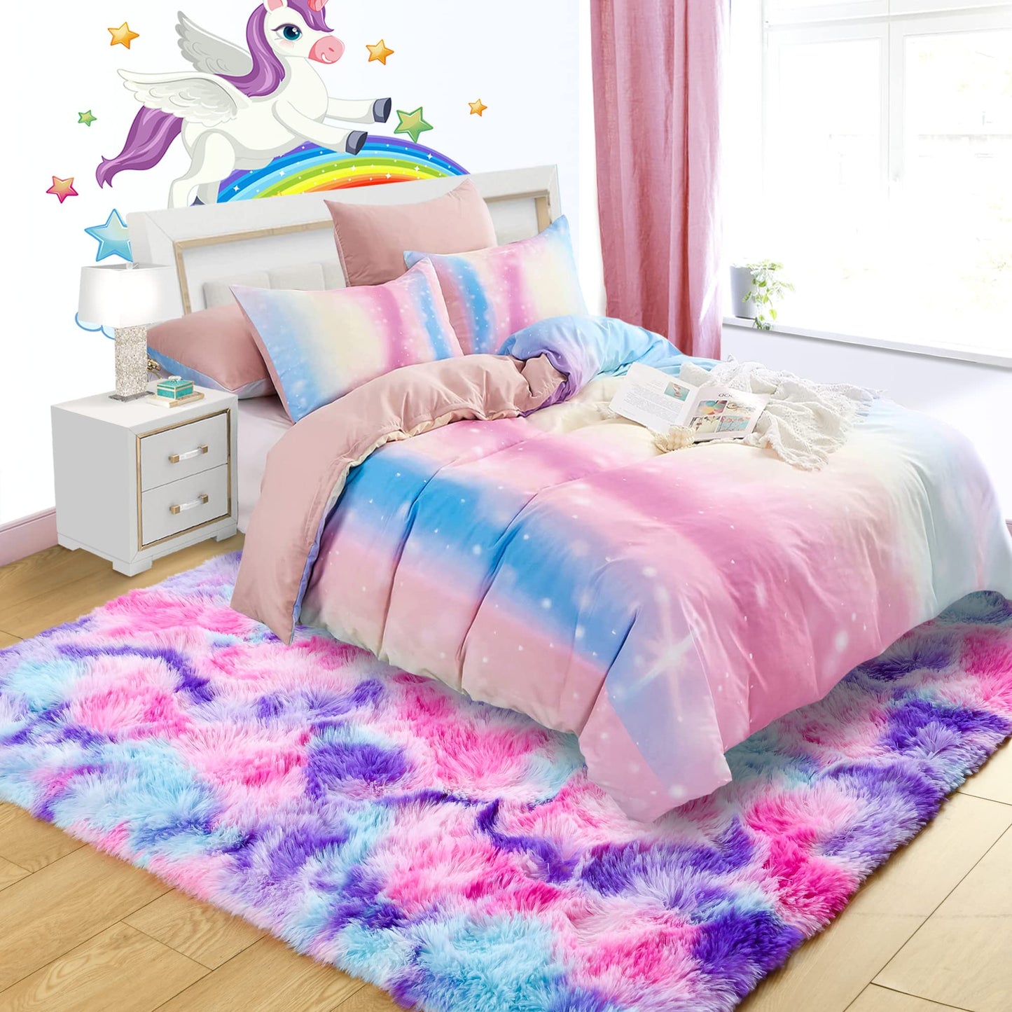 4x6 Tie-Dyed Pink Purple Blue Area Rug for Kids Bedroom Living Room, Fluffy Shag Soft Plush Furry Carpet, Non-Slip Indoor Floor Mat for Dining Room Home Decor