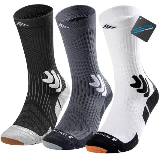 TENYSAF Men's Compression Running Socks: Coolmax Athletic Crew Socks Moisture Wicking Anti-Blister Cushion for Hiking 3 Pairs Size 9-13