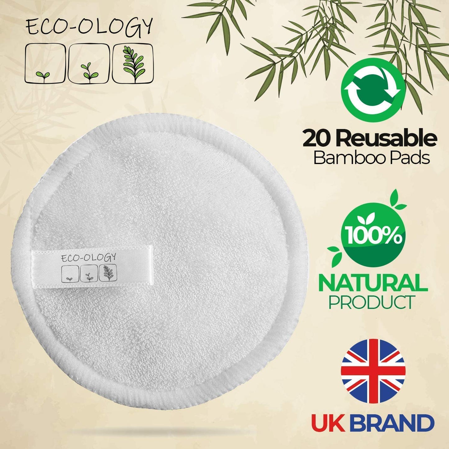 ECO-OLOGY™ 20 Reusable Makeup Remover Pads with Bamboo Storage Pot, 100x Biodegradable Ear Buds and Cotton Laundry Bag. Reusable Cotton Pads, for Cleansing or Removing Makeup