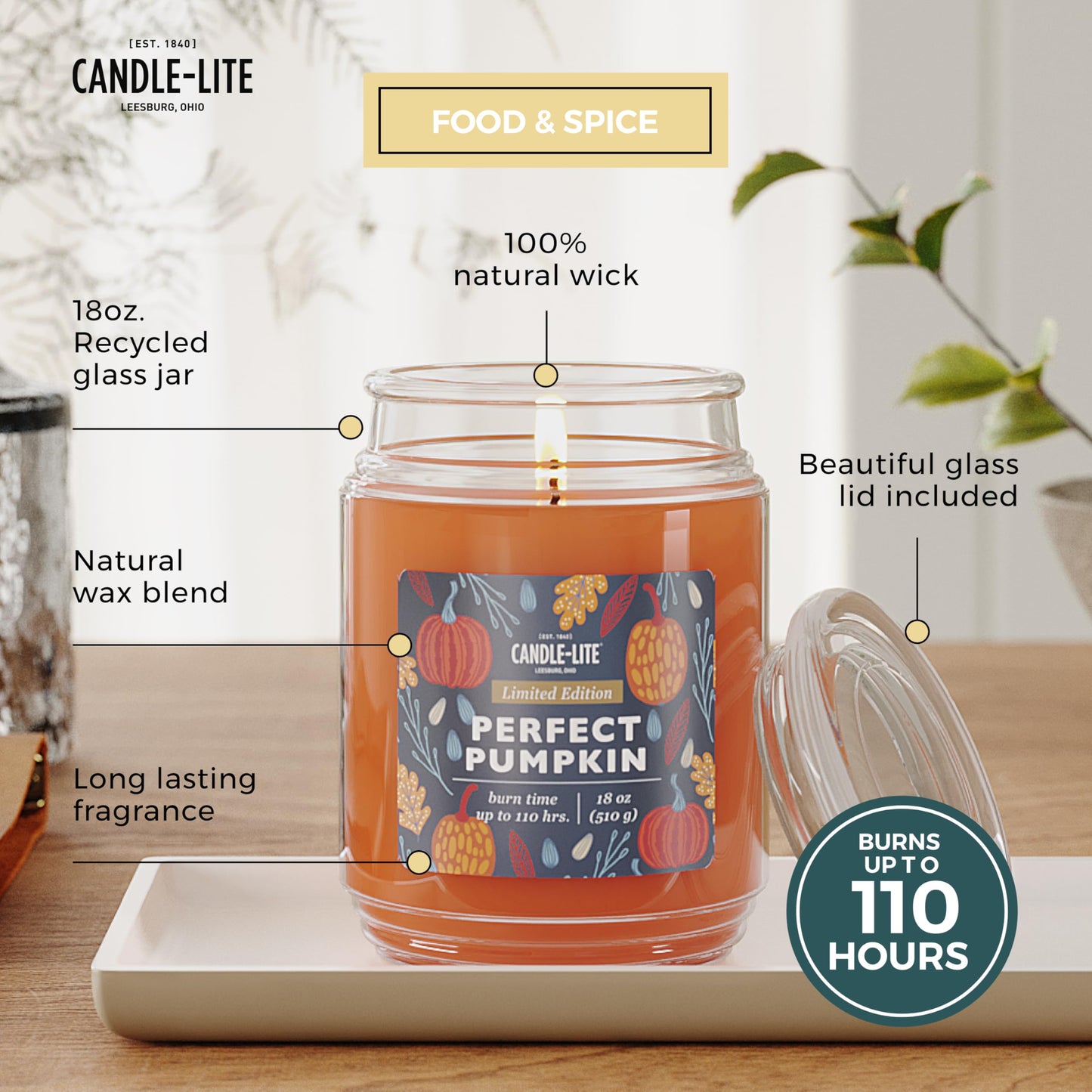 Candle-lite Halloween Scented Candles, Perfect Pumpkin, 18 oz Jar, Proudly Poured in The USA, Aromatherapy Candle, Single-Wick with 110 Hours of Burn Time, Perfect for Creating an Inviting Ambiance