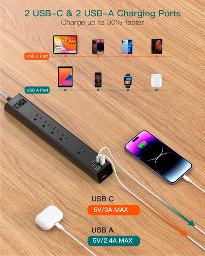 2 Pack Power Strip Surge Protector - 6Ft Extension Cord with 5 Widely Outlets 4 USB (2 USB C) Port, 1875W/15A, Wall Mount, Flat Plug, Desk Charging Station for Home Office College Dorm Room Essentials