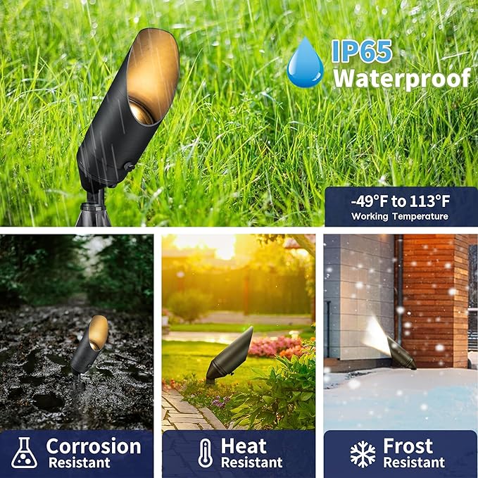 Gardenreet 12V Spot Lights Solid Brass - Outdoor Low Voltage Landscape Spotlight, Wired LED Uplights Waterproof, Stretchable Shroud Electric Bronze for Patio Wall with Warm White MR16 Bulb (6 Pack)