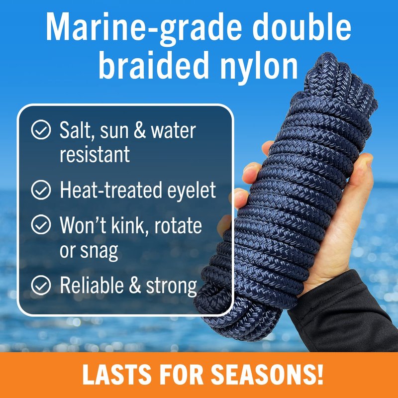 Dock Lines for Boats 1/2" x 25ft, 2 Pack Double Braided Nylon Boat Rope with 12" Loop, Marine Grade Mooring Line for Docking, Navy - Better Boat