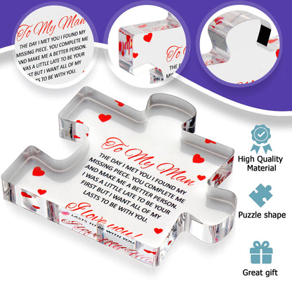 to My Man - Engraved Acrylic Block Puzzle 4.1 x 3.5 inch Gifts for Him for Husband - Fiance Birthday Gifts, Valentines Day Gift for Boyfriend - Cool Wedding Couple
