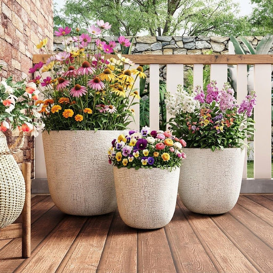 Merax Indoor Outdoor Plant Pots with Drainage Holes and Rubber Plug– Set of 3,Large Lightweight MGO Flower Pots (16.9/13.7/11 Inch) – Modern Planters for Indoor Plants, Room & Office Décor,Beige