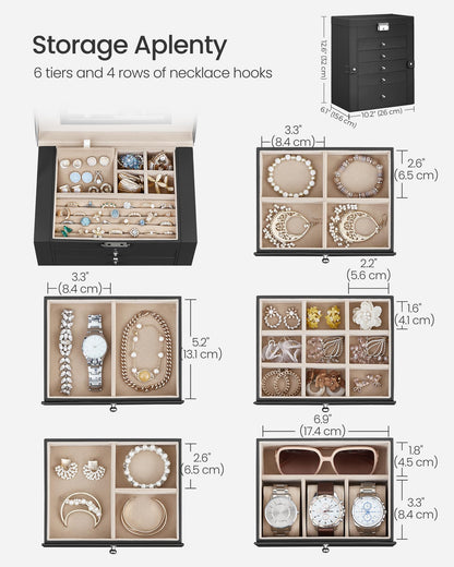 SONGMICS Jewellery Box 6 Tiers, Jewellery Case with 5 Drawers, Large Storage Capacity, with Mirror, Lockable, Jewellery Storage Organiser, Gift for Loved Ones, for Watches, Black JBC152B01