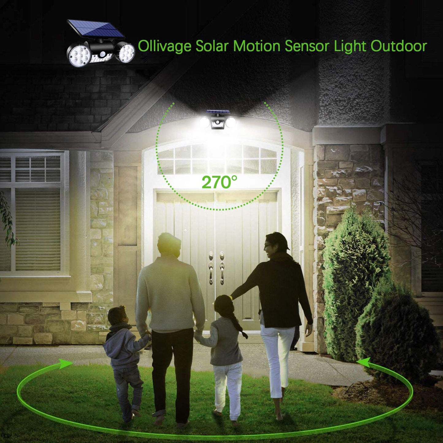 Ollivage Solar Lights Outdoor, Motion Sensor Security Lights Solar Wall Lights with Dual Head Spotlights LED Waterproof 360° Adjustable Solar Motion Lights Outdoor for Garden Garage Patio, 1 Pack