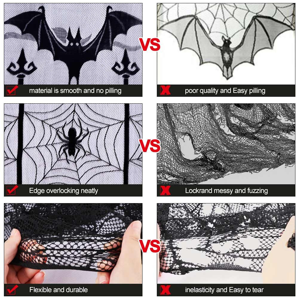OurWarm 2pcs Black Lace Halloween Window Curtains, Spider Web Bats Door Curtain Panel Decor for Spooky Halloween Holiday Party Decoration, 40 x 84 Inch