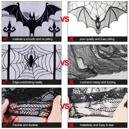 OurWarm 2pcs Black Lace Halloween Window Curtains, Spider Web Bats Door Curtain Panel Decor for Spooky Halloween Holiday Party Decoration, 40 x 84 Inch