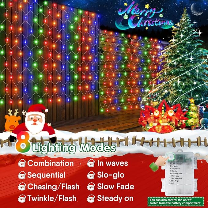 Hezbjiti Pack of 6 Battery Operated Christmas Lights Outdoor Total 600LED 5FT x3.3FT Waterproof Timed Memory Net Mesh Lights for Xmas Trees Bushes Garden Yard Lawn Patio Christmas Decor (Multicolor)