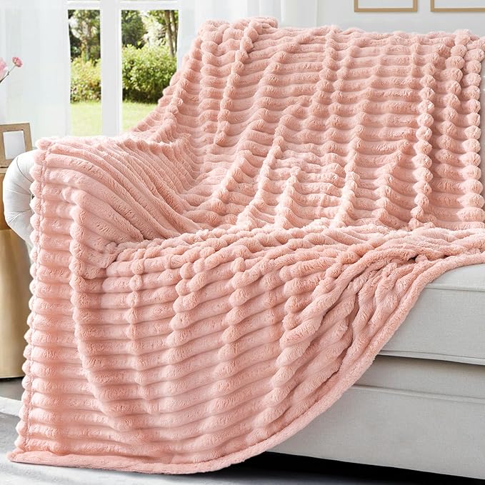 decorUhome Soft Fleece Pink Throw Blanket for Couch, Cozy Fluffy Plush Flannel Striped Blanket for Sofa Bed, Lightweight Decorative Ribbed Fuzzy Blanket for Woman, 50x60 Inches
