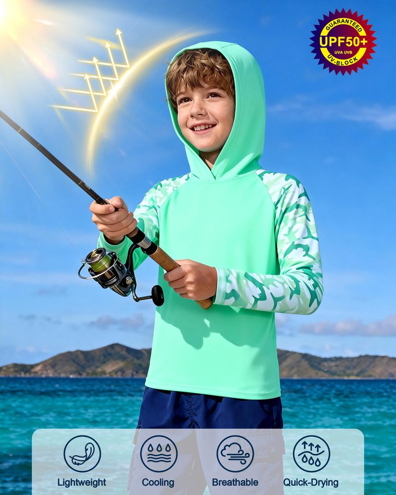 DRONIRING Boys Rash Guard Swim Hoodie, UPF 50+ UV Sun Protection Long Sleeve Fishing Shirt, Kids Youth SPF Water Shirts Green