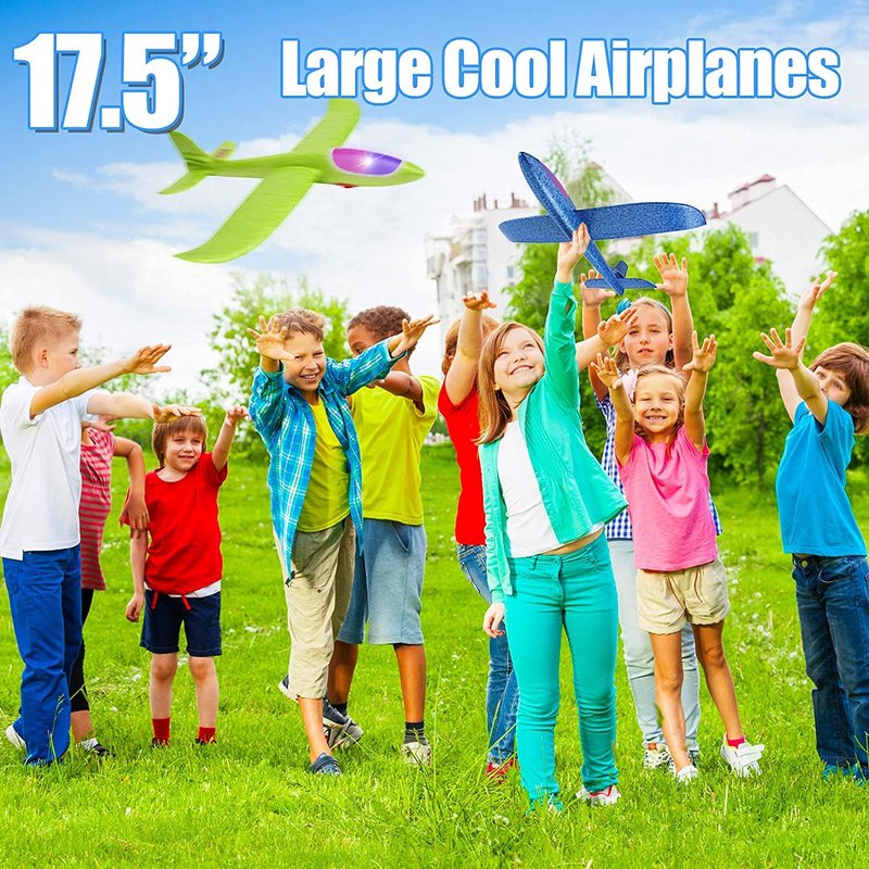 BooTaa 4 Pack LED Foam Airplane,17.5" Large Throwing Foam Plane, 2 Flight Mode Glider, Flying Toy for Kids, Gifts for 3 4 5 6 7 8 9 Years Old Boy, Outdoor Sport Toys Birthday Party Favors