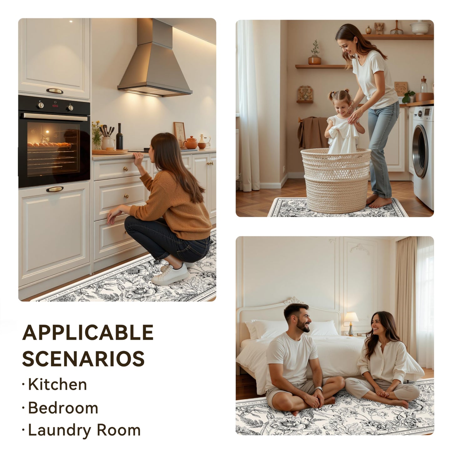 Scalloped Beige Minimalist Black Line Floral Kitchen Rug Sets [2 PCs], Anti-Fatigue, Waterproof Non-Slip Kitchen Mats Heavy Duty Comfort Foam Rug for Kitchen, Floor, Laundry,17.3"x29"+17.3"x47"