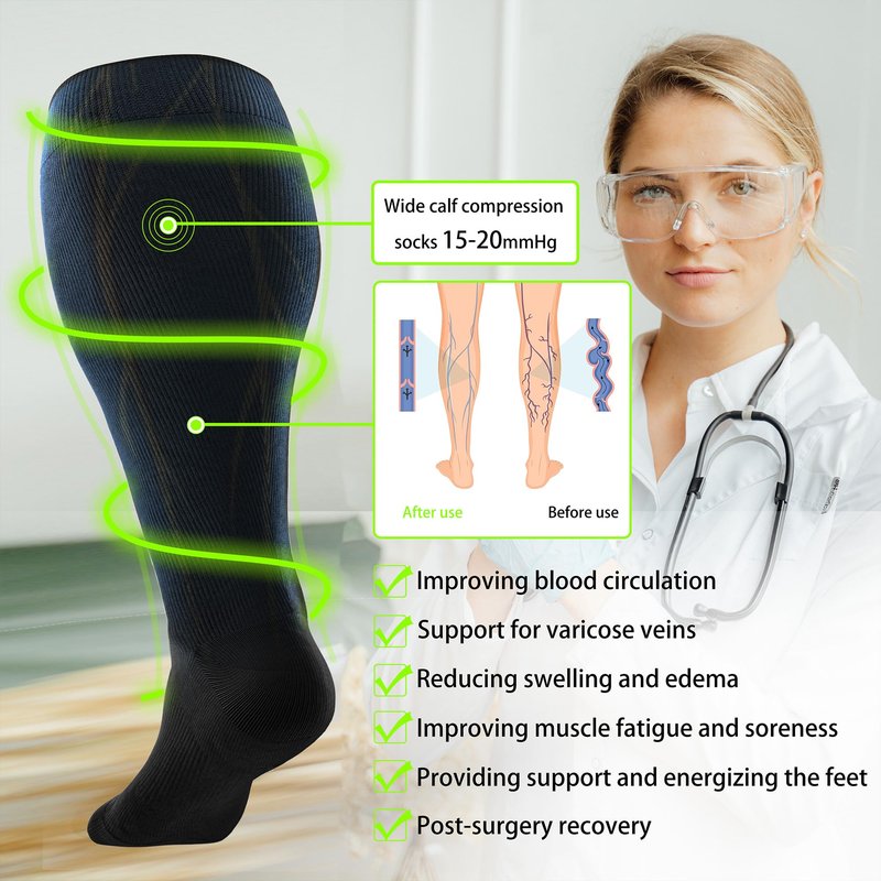 LEVSOX Plus Size Compression Socks for Women&Men Wide Calf 15-20 mmHg Knee High Extra Large Calf Support Socks for Nurse, Medical, Travel, Black