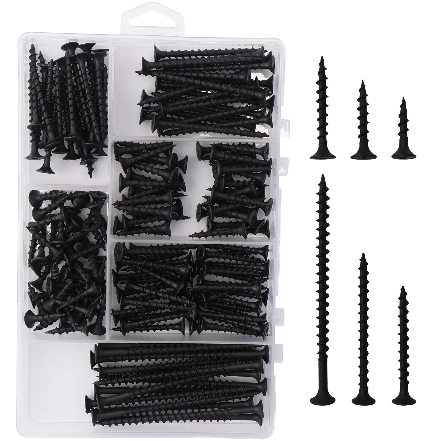 JEGONFRI High Hardness Drywall Screws Assortment Kit, 166 pcs, Coarse Thread, Phillips Drive, Black Wood Screws, Screws Assortment, Screws Set, 6 Sizes (3”,2”,1-1/2”,1-1/4”,1”,3/4”)