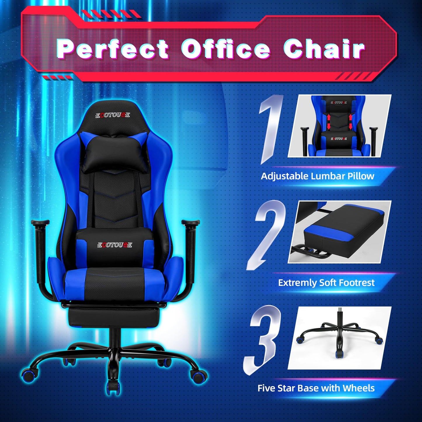 ECOTOUGE PC Massage Gaming Chair with Footrest Ergonomic Office Desk Chair Racing PU Leather Recliner Swivel Rocker with Headrest and Lumbar Pillow, Blue
