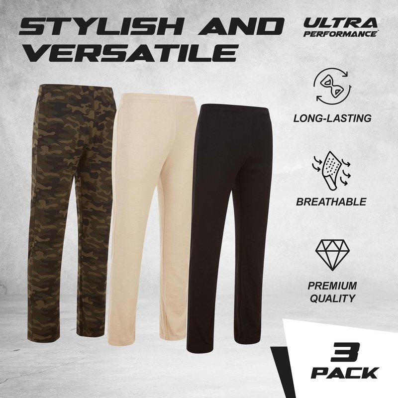 Ultra Performance 3 Pack Mens Sweatpants, Wide Leg Open Bottom Lounge Sweat Pants for Men