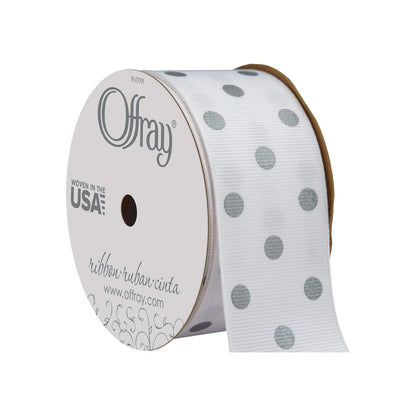 Offray 876600 1.5" Wide Grosgrain Ribbon, Metallic Silver and White Polka Dot, 3 Yards