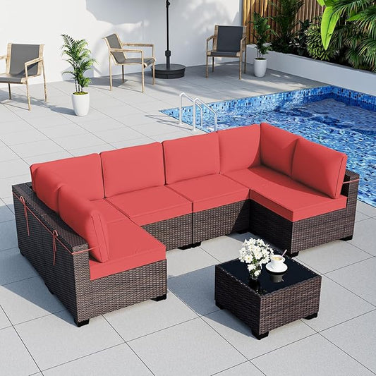 ALAULM 7 Pieces Patio Furniture Set with Coffee Table, Outdoor Sectional with Thick Cushion, All Weather Wicker Rattan Conversation Set for Backyard, Garden, Deck, (Red)