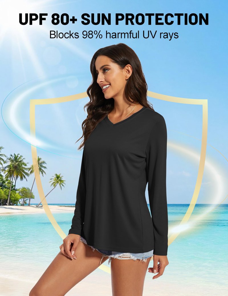 TACVASEN Long Sleeve Workout Tops for Women V Neck Lightweight Quick Dry Sun Protection Hiking Athletic Shirts Black M