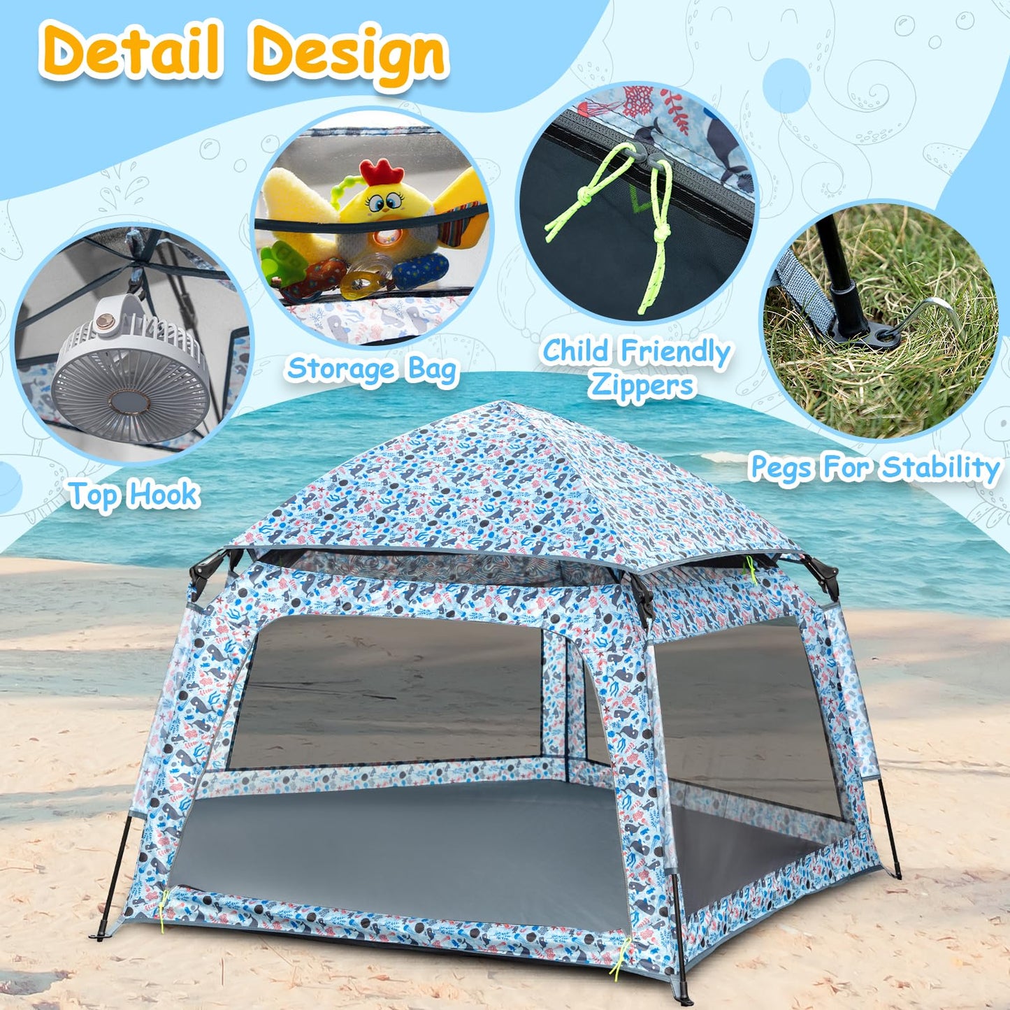 Funsland Baby Playpen Pop-up Tent - Outdoor & Indoor Play Tent for Beach with Canopy Travel Bag Portable Play Yard for Babies & Toddlers (Ocean)