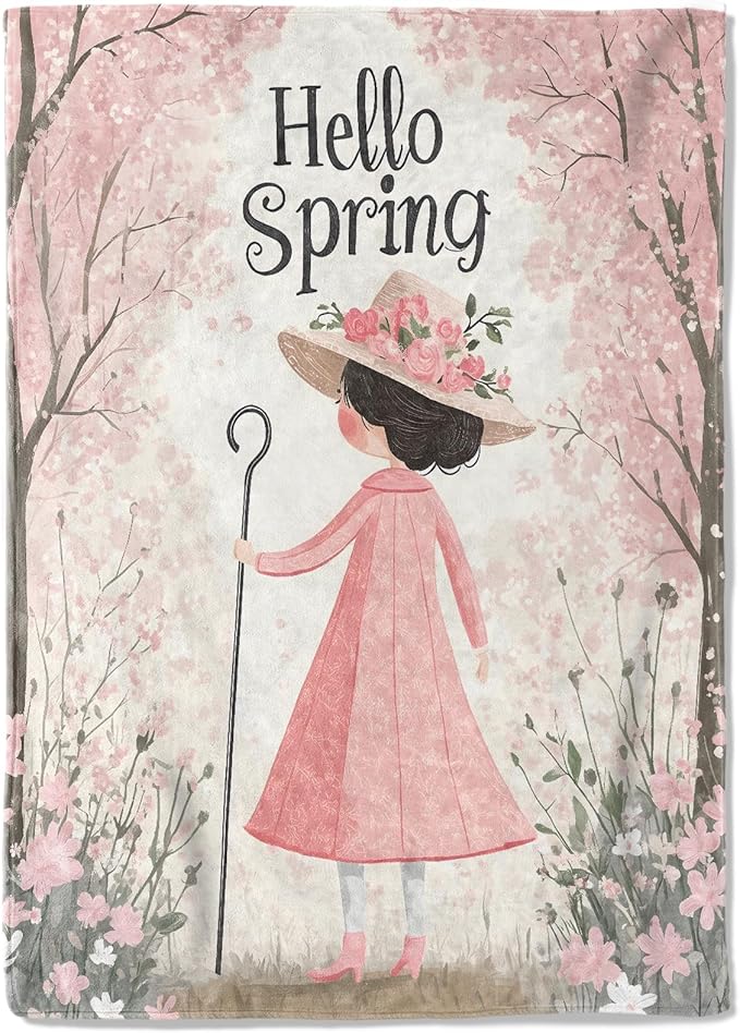 Spring Blossom Fleece Blanket - 60x80in Cute Girl in a Pink Dress Throw Blankets,Soft Cozy Lightweight, Ideal for Bed Living Room Home Whimsical Decor and Kids Women Gifts