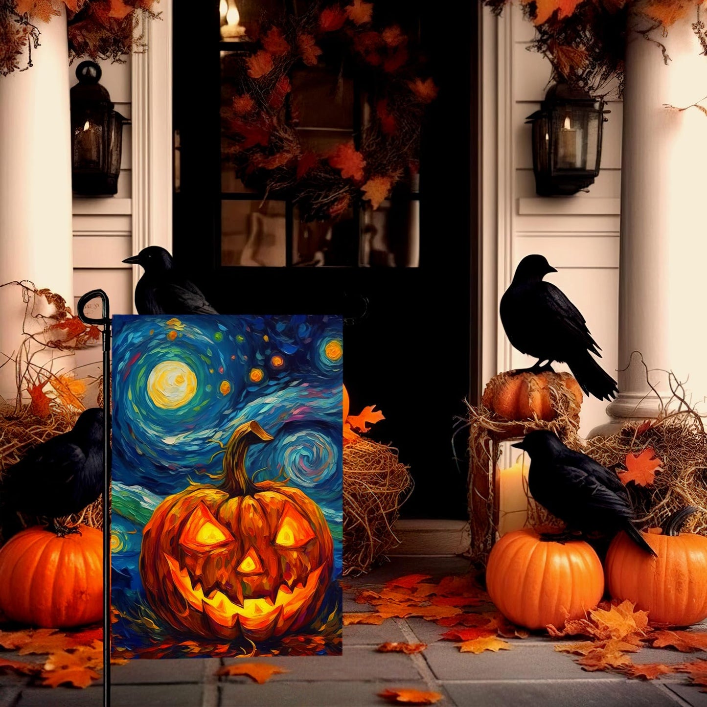 Dacawin Halloween Garden Flag Pumpkin Garden Flag Van Gogh Garden Flags Arts Starry Night Sky Moon Yard Flag Double Sided Fall Porch Patio Farmhouse Outdoor Yard Decorative 12 x 18 Inch