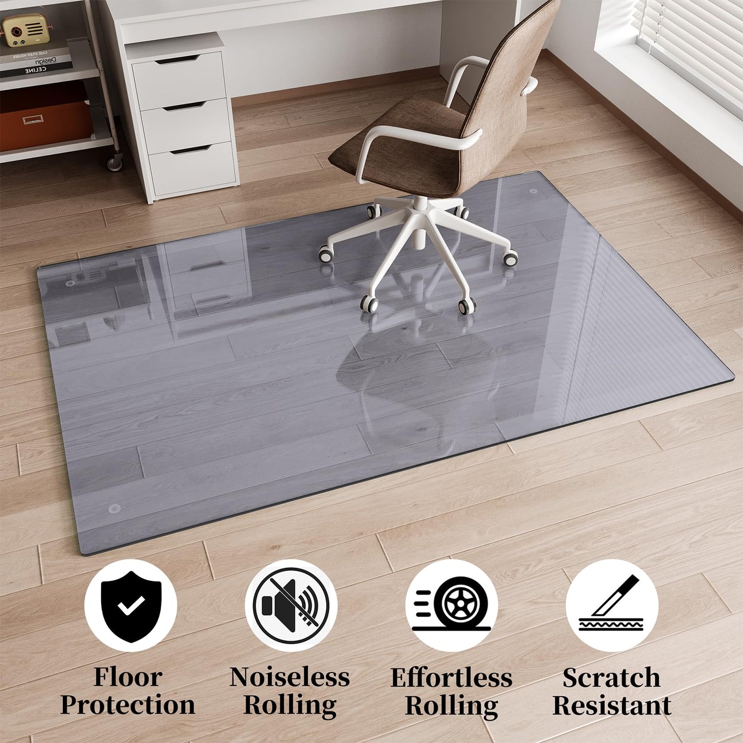 FlyEcho Glass Chair Mat 46" x 46" Heavy Duty Tempered Glass Office Chair Mat, Glass Floor Mat with Round Corner and Polished Edge for Smooth Glide, Carpet Hardwood Floor Protector