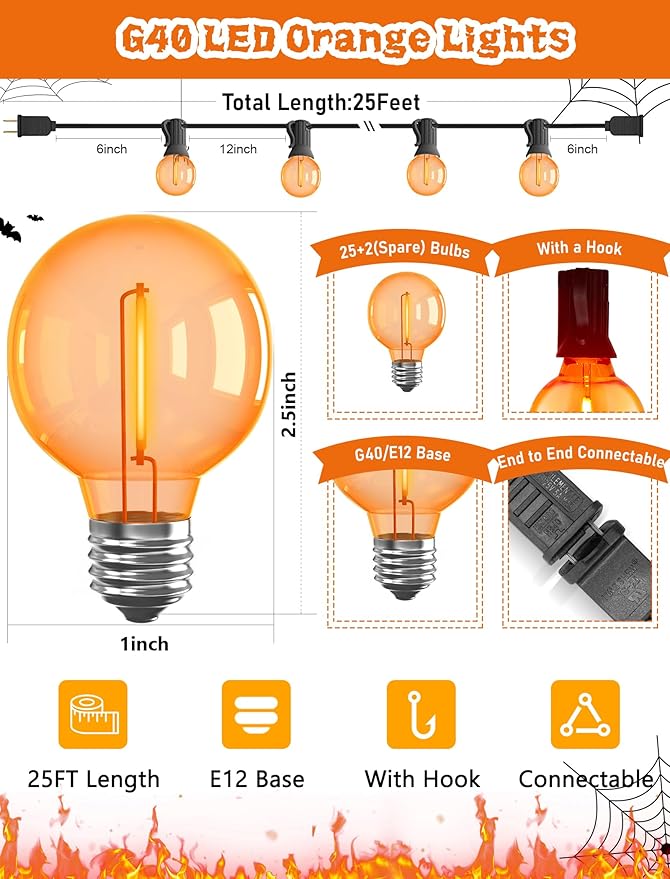 G40 LED Orange Halloween String Lights Outdoor, 25Ft Orange Hanging String Lights with 27 Bulbs for Halloween Thanksgiving Indoor Outdoor Party Chirstmas Festival Haunted House Decor