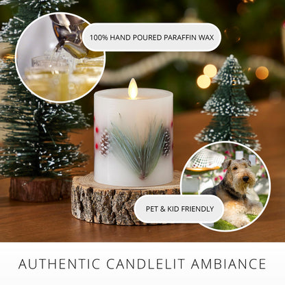 Luminara Embedded Flameless LED Candle - Pine Berries 3.5" x 4.5" - Moving Flame Pillar, Battery Operated Timer, Real Wax, Unscented, Safe