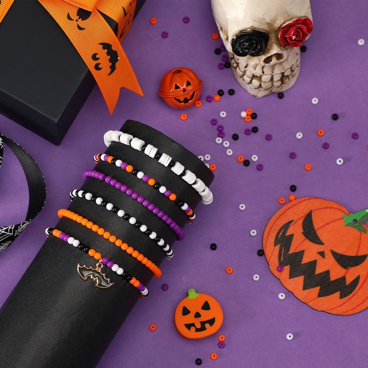 Halloween Beads, 1200Pcs Halloween Spacer Beads 4mm Round Small Craft Beads for DIY Bracelets, Orange & Purple & Black & White