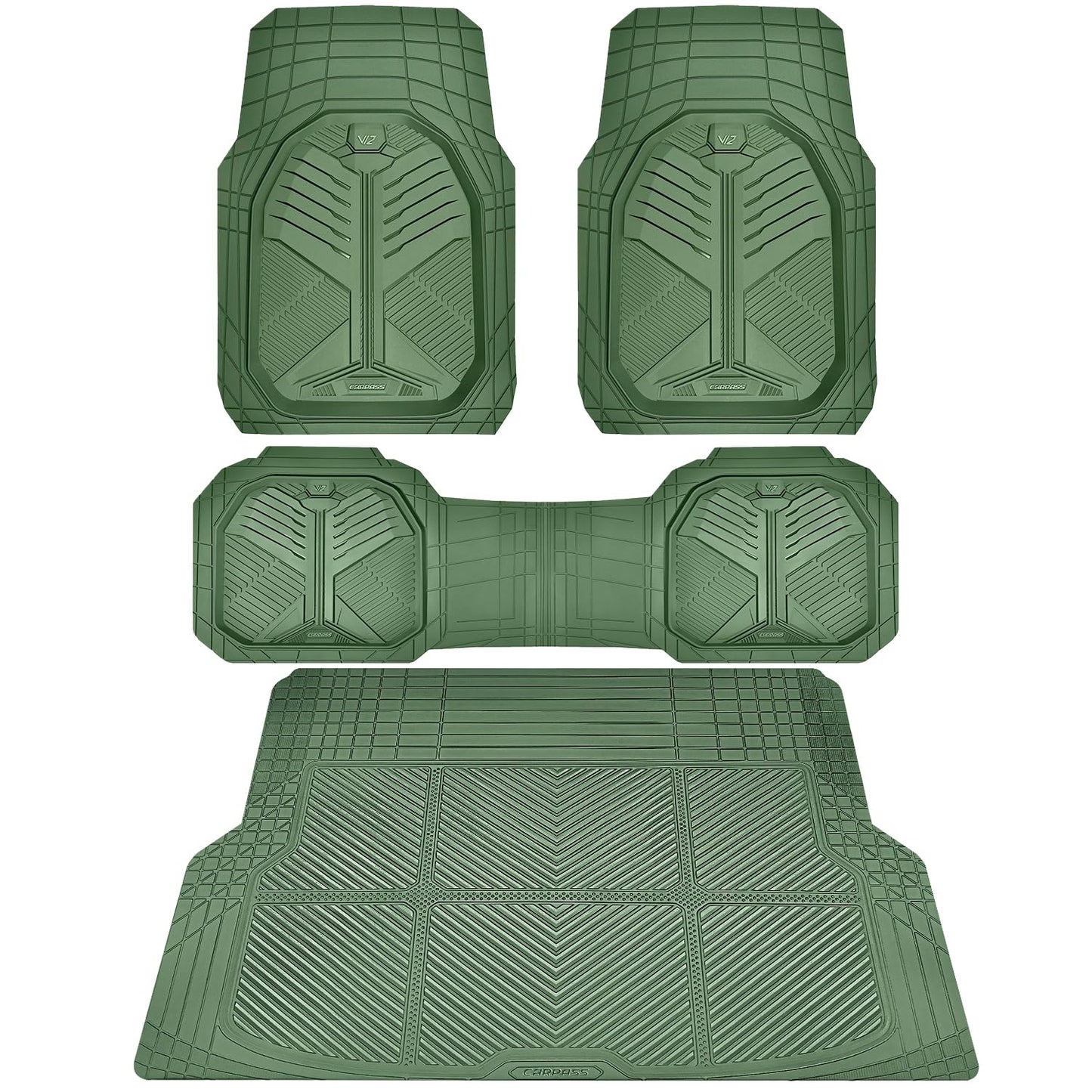 CAR PASS Heavy Duty Rubber Car Mats with Cargo Liner, Deep-Dish Car Floor Mats and Trunk Mat All Weather, Universal Trim-to-Fit for SUVs Trucks Sedans, Waterproof Anti-Slip, Trimmable V12 Olive Green