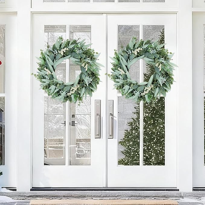26" Eucalyptus Wreaths Large Artificial Greenery Outdoor/Indoor Wreath Spring/Summer Wreath Green Wreaths for Front Door Porch Window Wall Hanging Decor All Year Round Wr-eath（Green）