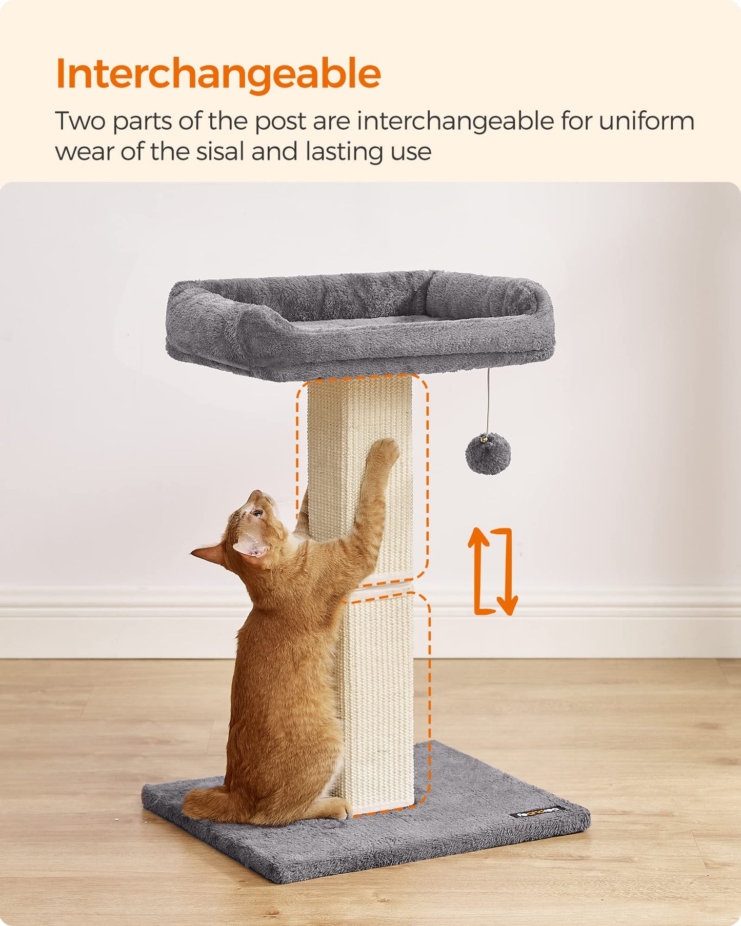 Feandrea Cat Scratching Post, Cat Scratcher with 40 x 30 cm Plush Perch, Cat Tree, 71 cm Tall Scratch Post with Woven Sisal, 45 x 40 cm Base, Pompom, Light Grey
