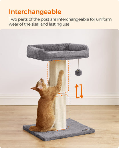 Feandrea Cat Scratching Post, Cat Scratcher with 40 x 30 cm Plush Perch, Cat Tree, 71 cm Tall Scratch Post with Woven Sisal, 45 x 40 cm Base, Pompom, Light Grey
