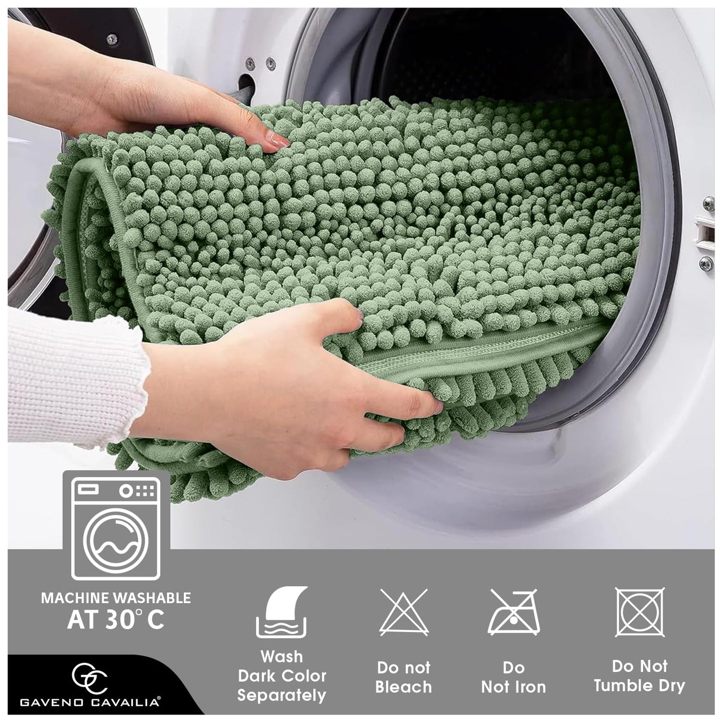 GC GAVENO CAVAILIA 2 Piece Non Slip Rubber Backed Mats - Super Absorbent Antibacterial Toilet Carpet Mat - Quick Dry Microfiber Chenille Rug Washable Bath Mats - Sage Green