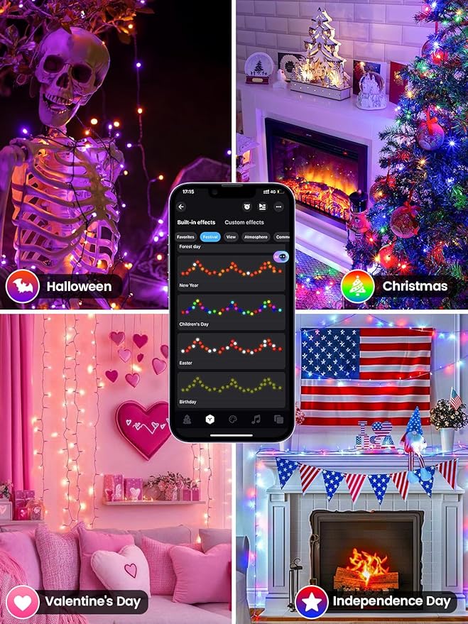 Smart Color Changing Christmas Lights with Remote & APP,208FT 600 LED RGB Dimmable Christmas String Lights, Waterproof Fairy Twinkle Light for Indoor Outdoor Xmas Tree Wedding Holiday Decorations