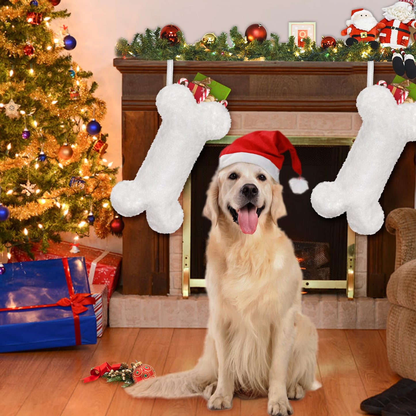 Malier Dog Christmas Stocking, Xmas Luxury Faux Fur Large Bone Shape Hanging with Silver & Gold Snowflakes Sequin Decorations Pets Christmas Dog Stockings for Dogs Cats Pets (Whith)