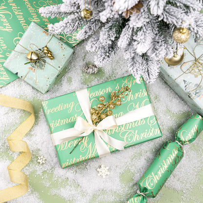 WRAPAHOLIC Reversible Green Christmas Wrapping Paper - Mini Roll - 17 Inch x 33 Feet - Watercolor Green Christmas Tree Wrapping Paper with Metallic Foil Shine for Holiday, Party, Celebration