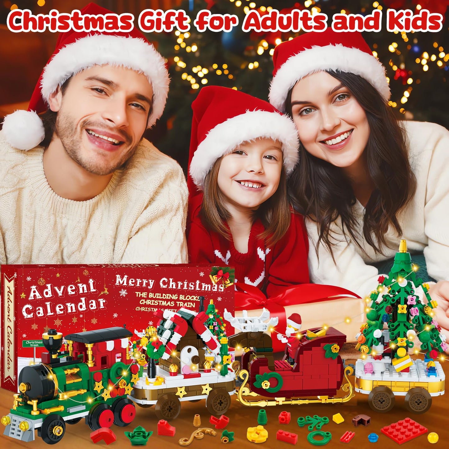Advent Calendar 2025 Christmas Train Building Blocks Set, 24 Boxs Surprise Christmas Countdown Toy Building Kits With LED Light,Thanksgiving Xmas Gifts for Kids Adults