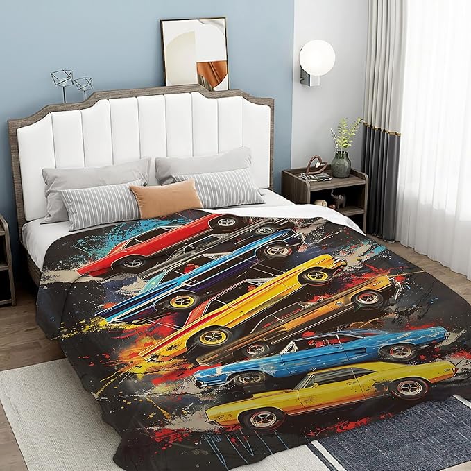 Blanket Vintage Muscle Cars Lightweight Soft Throw Blanket for Girls Teens Women, Graffiti Art Fuzzy Blanket Home Room Decor 50x60 Inches
