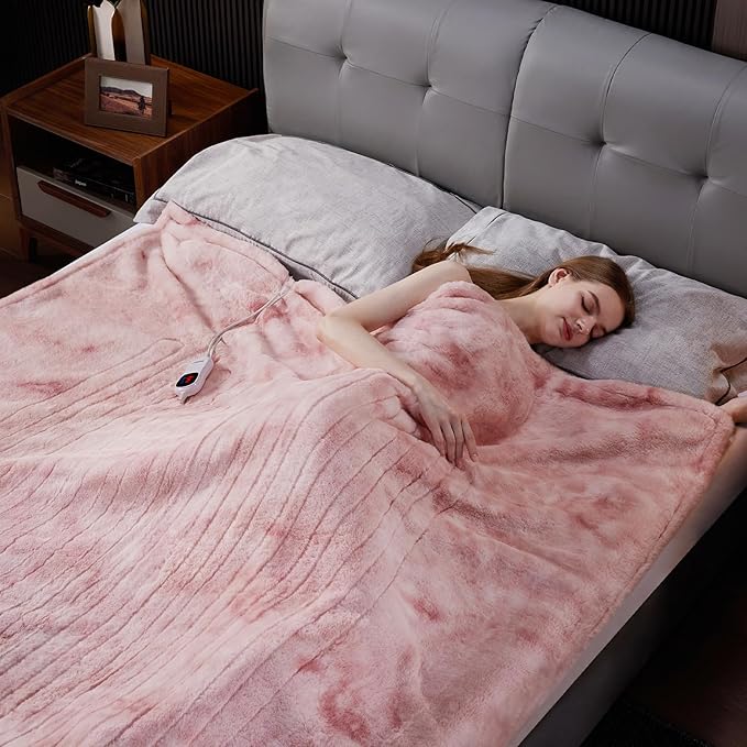 Guohaoi Heated Blanket Electric Throw, Soft Faux Rabbit Fur Electric Blanket with 10 Heating Levels 5 Sitting Timer Auto Off, Cozy Warm Heating Blankets, Machine Washable(84"×90" Pink)