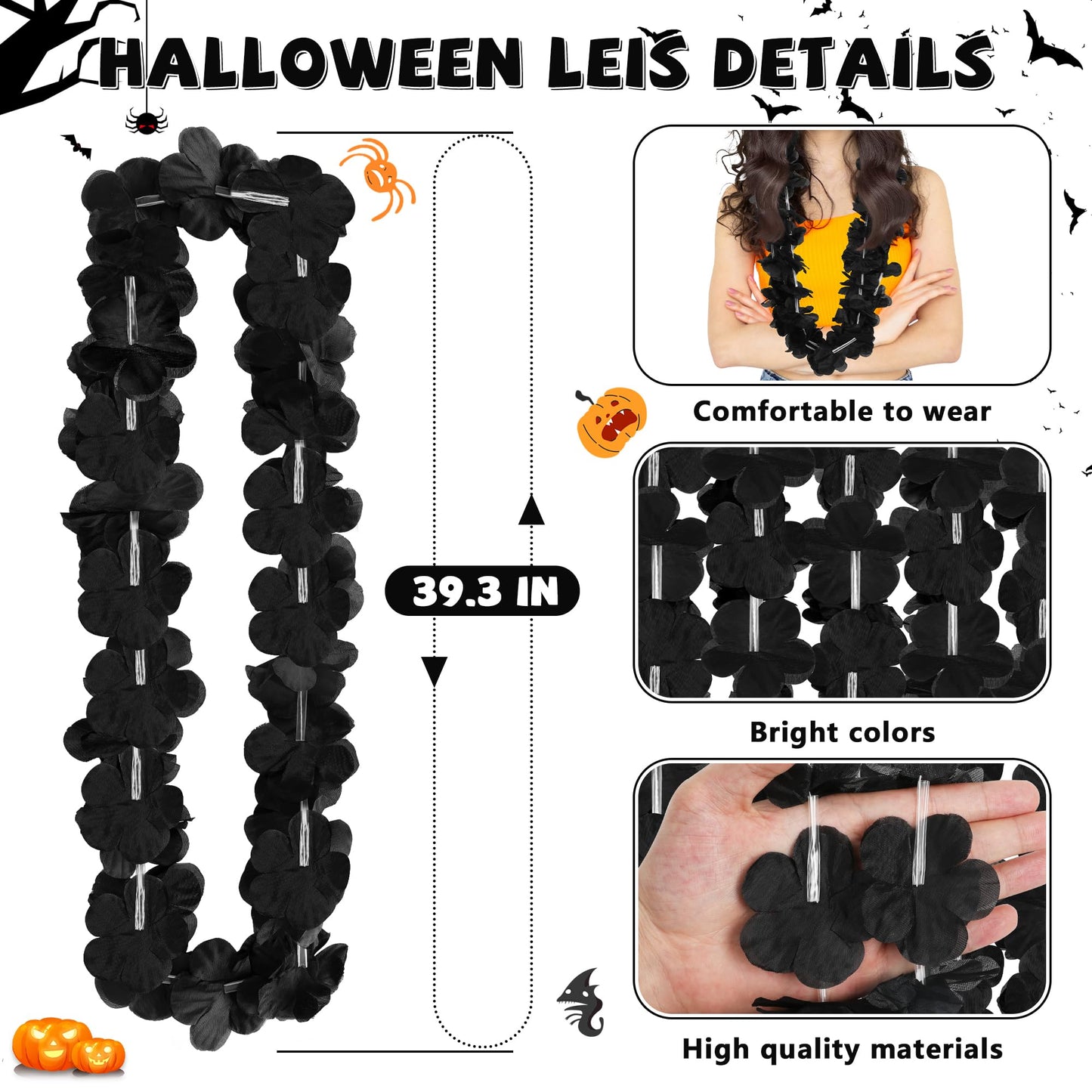 24pcs Halloween Leis Decor, Halloween Black Leis Bulk Accessories Silk Flower Necklace, Black Hawaiian Bulk Hula Dance Party Decor, Flower Leis Trick or Treating Activities Favors Supplies
